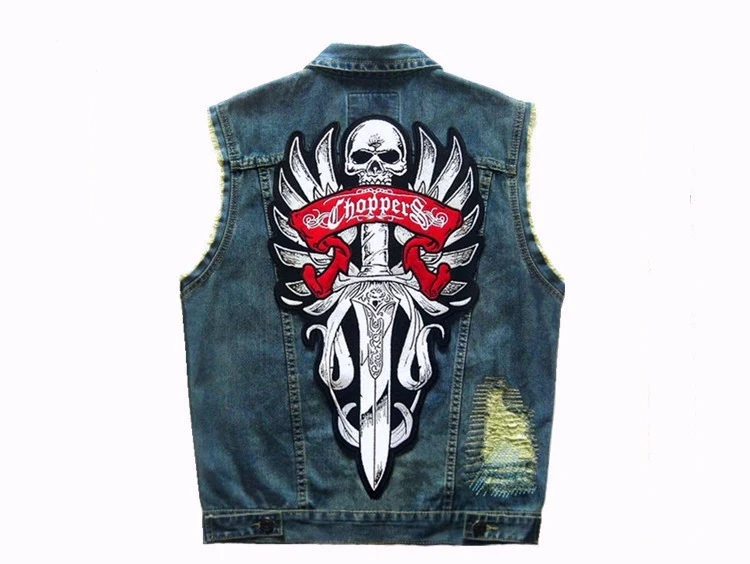 Super Large Night Reflective Motorcycle Skull Sword Patch Badge Embroidery Cloth Back Stickers Chopper Sew-On DIY For Denim Vest