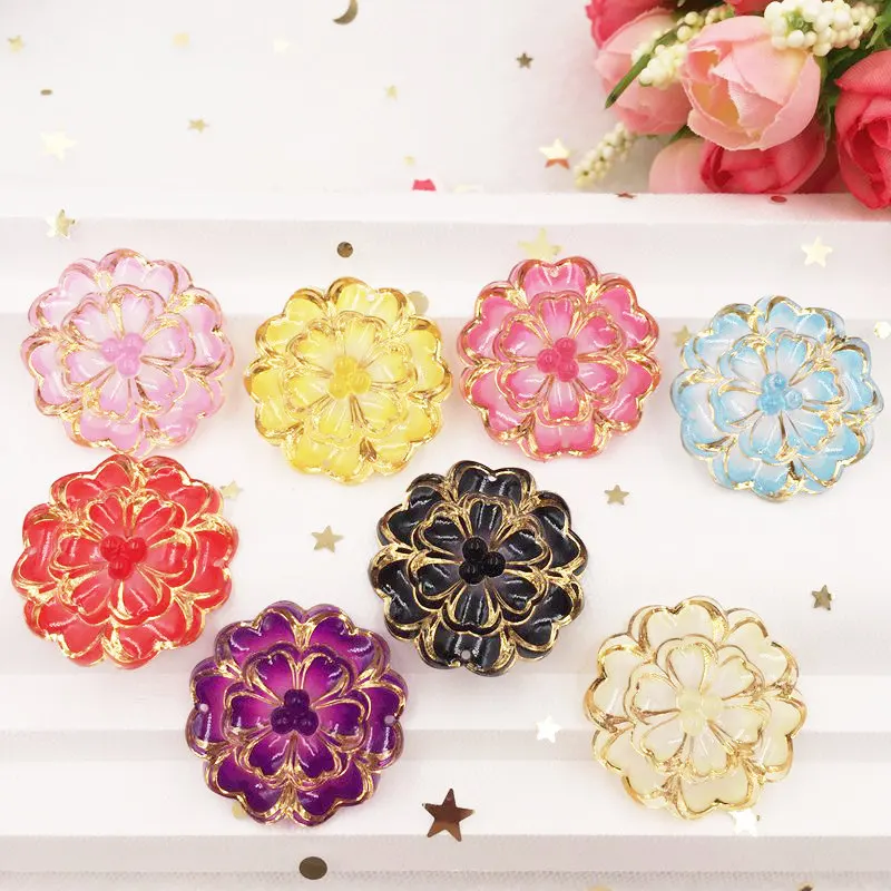 

New 8pcs Resin 32mm Colorful Phnom Penh Flower Bead Flat back rhinestone DIY 2 hole Ornaments Fashion Jewelry craft PF730