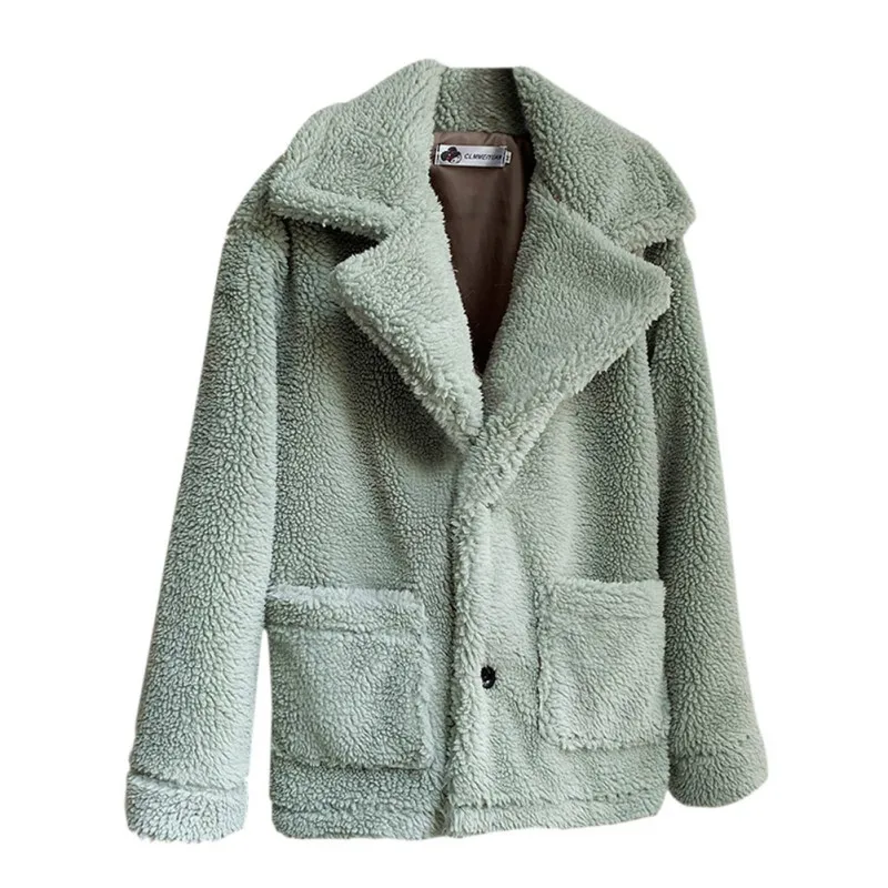 Новинка, зимнее женское пальто,, свободное, толстое, теплое, овечий мех, одноцветное, на пуговицах, с отворотом, повседневное, двойной карман, имитация шерсти, пальто
