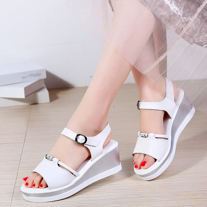 

2-colors Leather Wedge Women's Sandals Buckle Increase 6cm Fashion CasualSoft and Comfortable Cowhide Leather Shoes