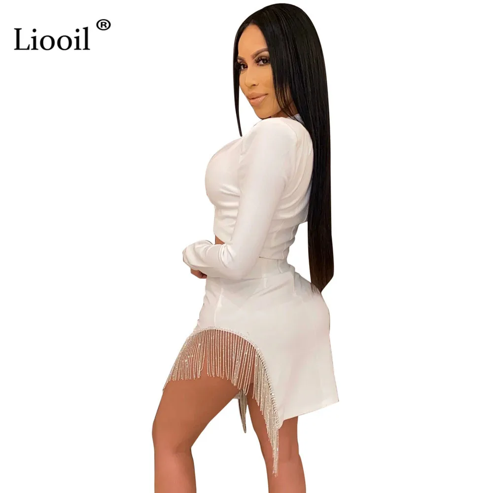 Liooil, комплект из двух предметов, стразы, кисточка, мини-платье, сексуальная клубная одежда, наряды, v-образный вырез, кнопка, черное, белое, для ночного клуба, платья для вечеринок
