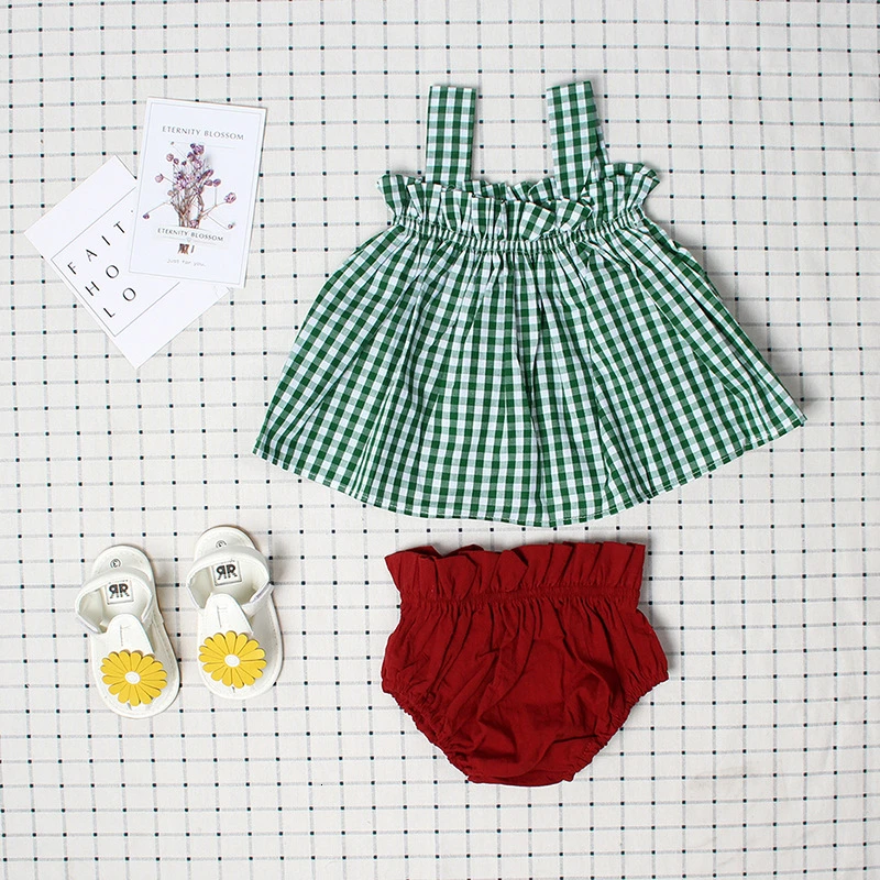 Summer Infant Baby Clothes Suit Green Plaid Dress Tops+cotton Diaper Cover Bloomers New Fashion Newborn Toddler Outfits | Мать и ребенок