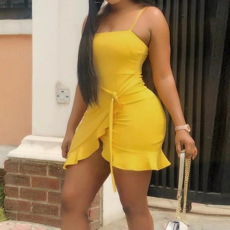

Yellow Sexy Spaghetti Strap Ruffles Dress Women Casual Short Mini Elegant Backless Dresses Ladies Beach Bodycon Tunic Sundress