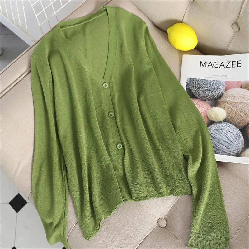 dark green Новинка Весна Лето женский короткий кардиган пальто свободного покроя тонкий Шелковый вязаный кардиган женский свитер жакет размера плюс AB1773 - Цвет: dark green