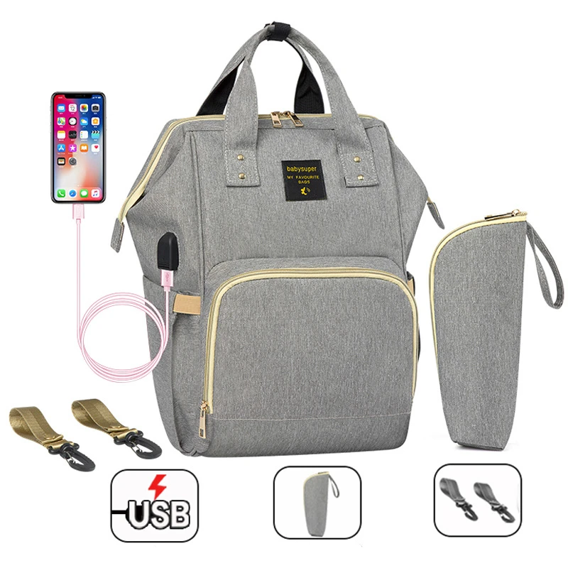 USB сумки для подгузников большая сумка для подгузников обновленный модный рюкзак для путешествий водонепроницаемый мешок для беременных сумки для мам с 2 Крючки ПВХ