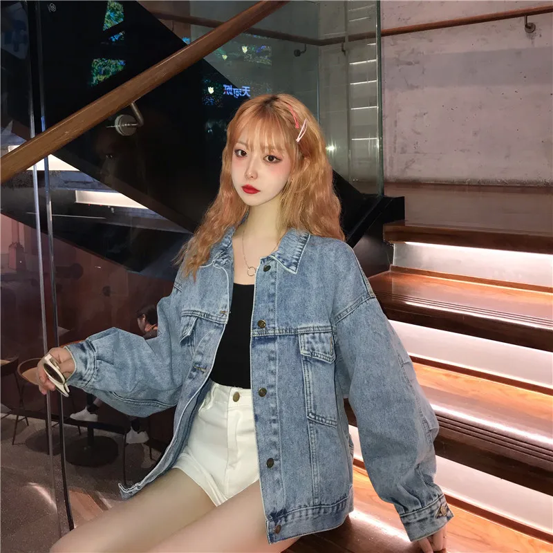 Фотосессия~ новая свободная куртка для студентов корейский стиль BF Hong Kong стиль ретро супер огонь джинсовая куртка женская весна и осень