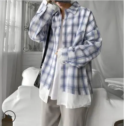 white blue Мужские модные клетчатые пальто с принтом Свободная рубашка Повседневная 4 цвета одежда с длинным рукавом мужские рубашки размера плюс S-XL - Цвет: white blue