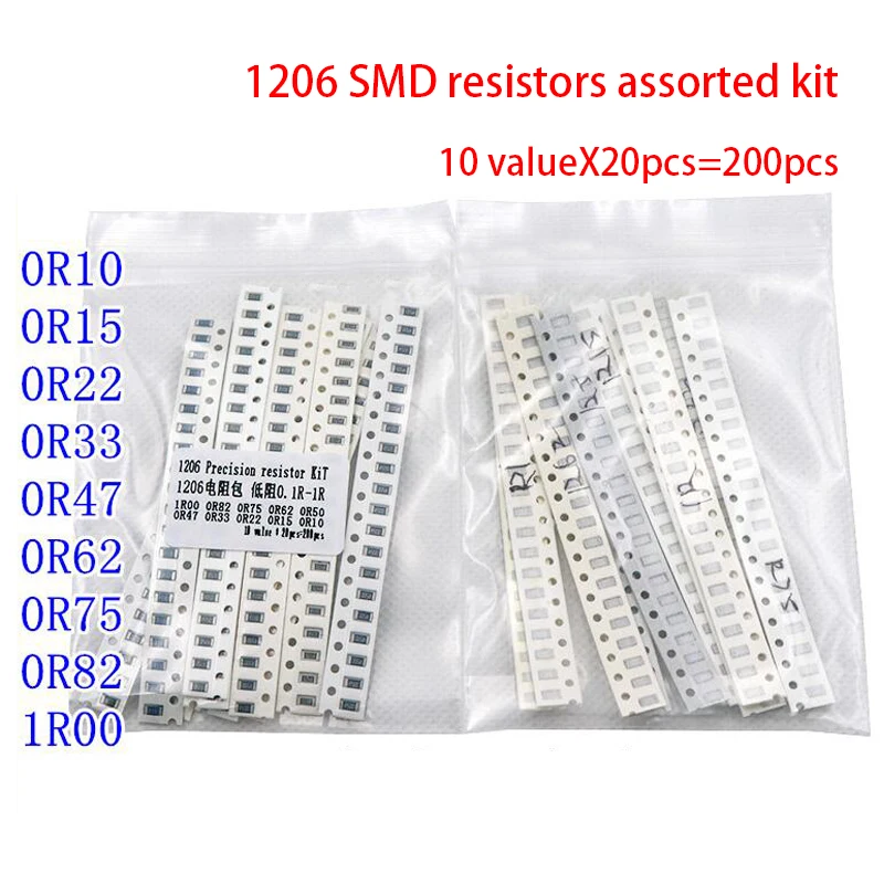 200 шт. 1% SMD резисторы набор в ассортименте 10 valuex20 = 1206 1R00 R820 R750 R620 R500 R470 R330 R220 R150 R100 |