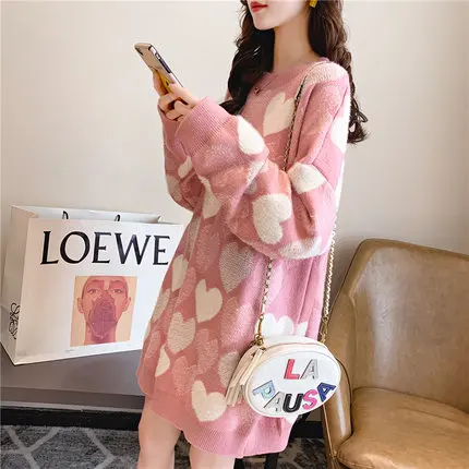 HF19274 Pink H. SA женский зимний свитер и пуловеры сладкое сердце черный розовый вязаный джемпер длинный Свободный Трикотаж корейский свитер модные шикарные топы - Color: HF19274 Pink