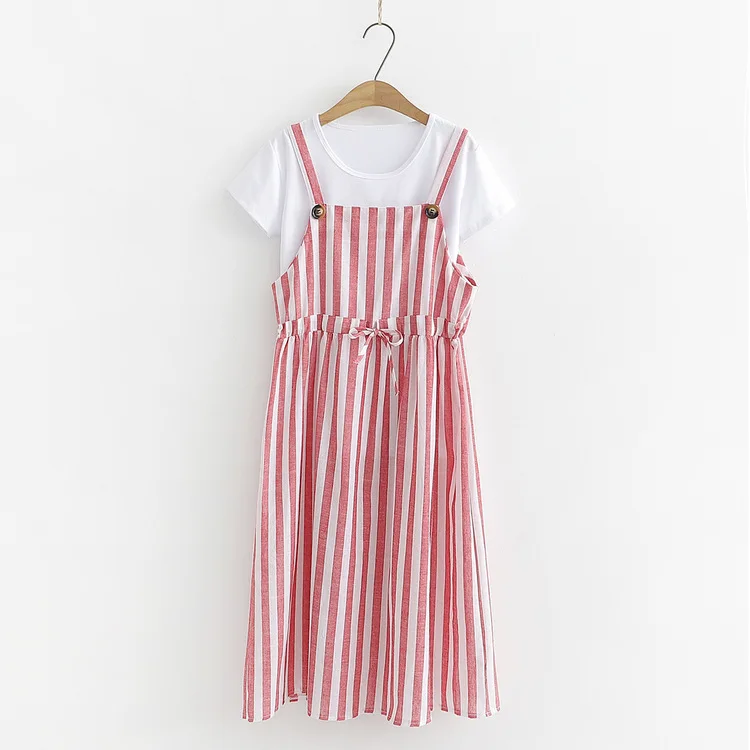 

Summer New Style College Style Vertical Striped Waist Hugging Strap Dress + Short Sleeve T-shirt Two-Piece Set WOMEN'S Suit S277