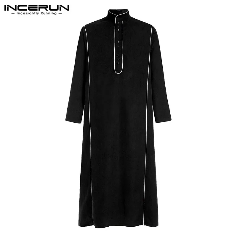 Black INCERUN, мусульманский халат, одежда для мужчин, Saudi Arab, с длинным рукавом, Одноцветный, jubba, tobe, кафтан, длинный, исламский, jubba, Мужская одежда, хип-хоп - Цвет: Black