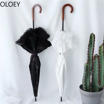 

Luxury Lace Umbrella Wedding Women Wooden Handle Lolita Ladies Long Handle Umbrella Windproof Umbrella Rain Women Parasol Nylon