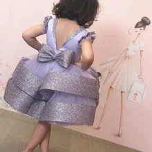 Фиолетовые платья с блестками; платья до колена с бантом сзади и длиной до колена; фиолетовые пышные праздничные платья для девочек; платье для дня рождения