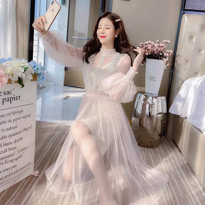 

Korean-style WOMEN'S Wear Spring Early Spring New Style Elegant Lantern Sleeve Two-Piece Mesh Dress Women's Sexy Transparent Fai