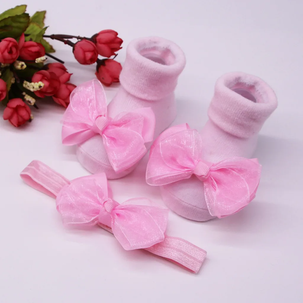 MUQGEW/комплект аксессуаров для малышей, носки для малышей+ 1 шт., нескользящие носки с поясом для волос и бантом, комплект для маленьких девочек, CN6 - Цвет: Pink