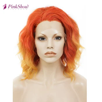 

Pinkshow Short Wig Orange Lace Front Wigs For Women Synthetic Lace Front Wig Deep Wave Glueless Wig Heat Resistant Fiber