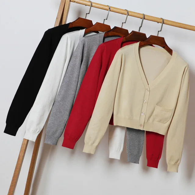 Size M-3XL Autum Spring Women V-Neck Knitted Casual Cropped Sweaters Cardigans Lady Knit Short Outwear Coat Top for Female |