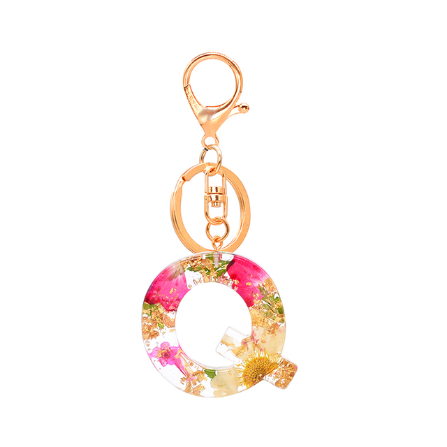 Dried Flower Letter Keychain Creative Colorful 26 English Letter Initial Resin Handbag Keyring Accessories For Women