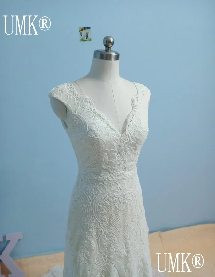 UMK Vestido De Noiva, винтажное богемное кружевное свадебное платье, v-образный вырез, открытая спина, короткий рукав, пляжные свадебные платья