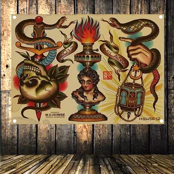 

Classic Old School Tattoo Pattern Nostalgic Retro Banner Hanging Flag Tapestry Studio Living Room Dormitory Wall Decoration