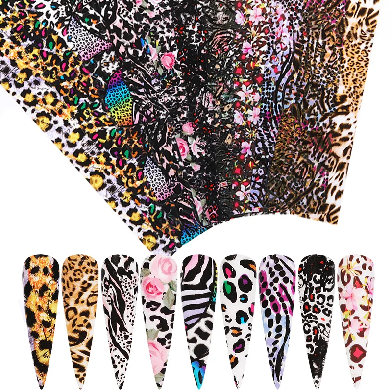 

10 Pcs/Set Leopard Nail Foils COlorful Flowers Mixed Pattern Nail Art Transfer Stickers Decals Nails Design Decorations 20*4cm