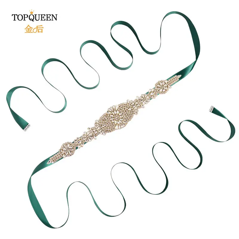 green TOPQUEEN S123-G, золотые стразы, ремни для женщин, для вечерних платьев, пояс, свадебное платье с поясом, пояс с алмазами - Цвет: green