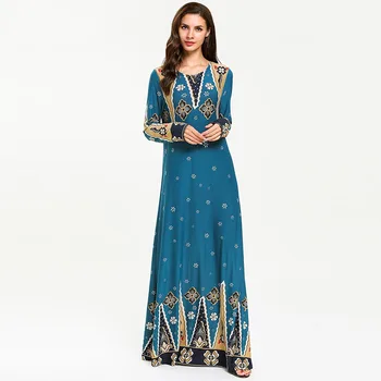 

Women's Arabian Muslim Fashion Knit Flower Printed Dresses Elegant Floor-Length Vintage Ethnic Female Muslim Robes Large Size