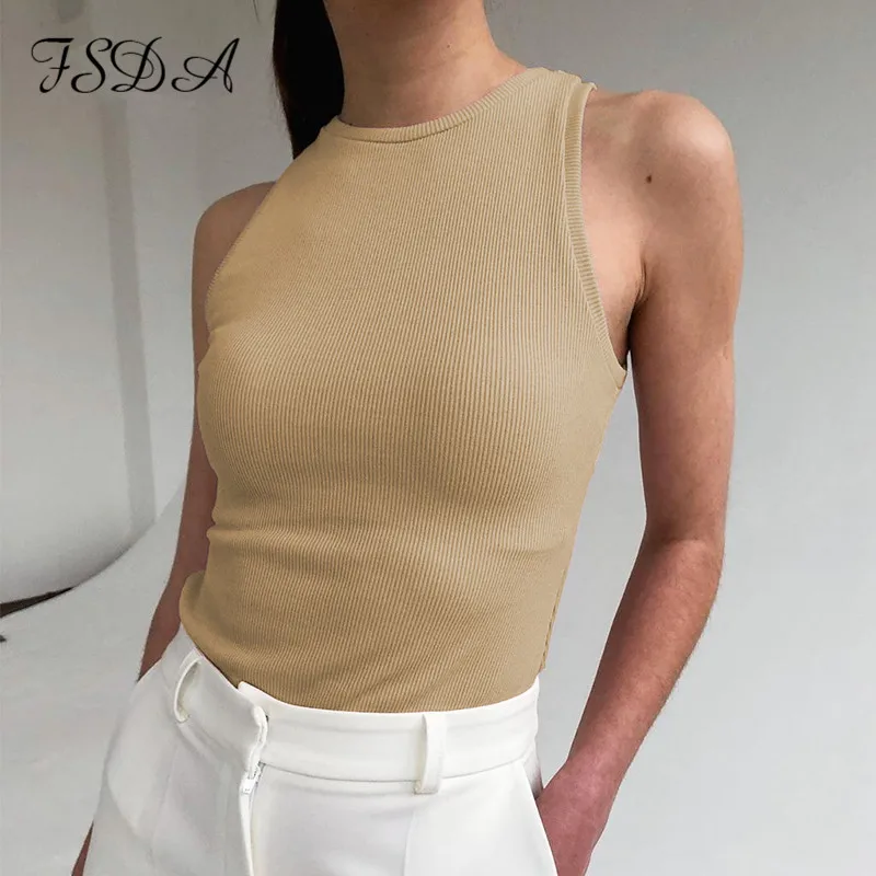 Женский топ с круглым вырезом FSDA 2020 повседневный белый на бретелях без рукавов