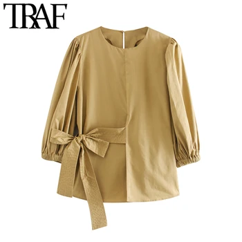 

TRAF Women Fashion Bow Tie Sashes Blouses Vintage O Neck Three Quarter Sleeve Female Shirts Blusas Chic Tops