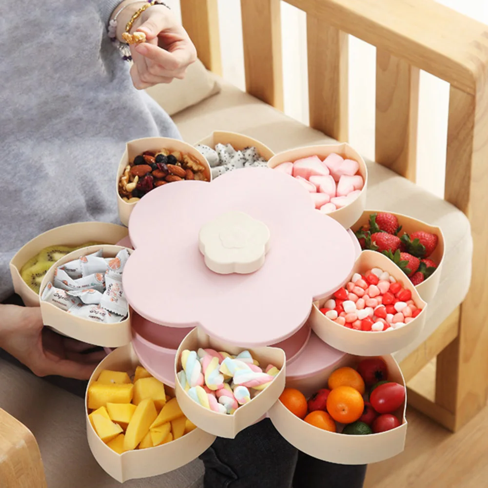 Двухслойный цветочный дизайн, пластиковая вращающаяся коробка для конфет, тарелка для сухофруктов, закуски, поднос, держатель, органайзер для свадебного украшения