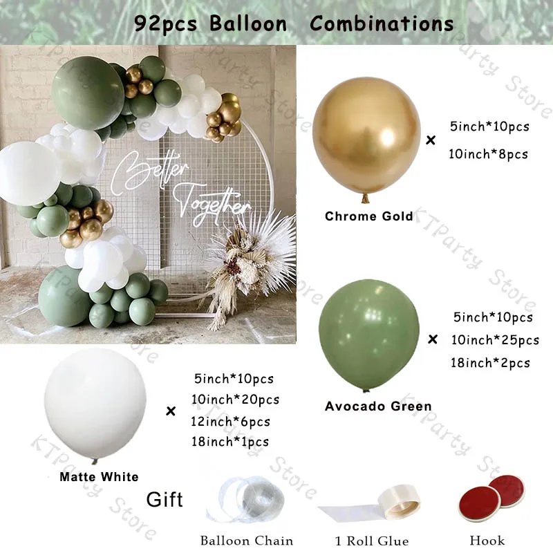92Pcs Avocado Green Color Mix Chrome Gold Latex Balloons Garland Kit Set Arch Chain Jungle Theme Wedding Party Home Decorations