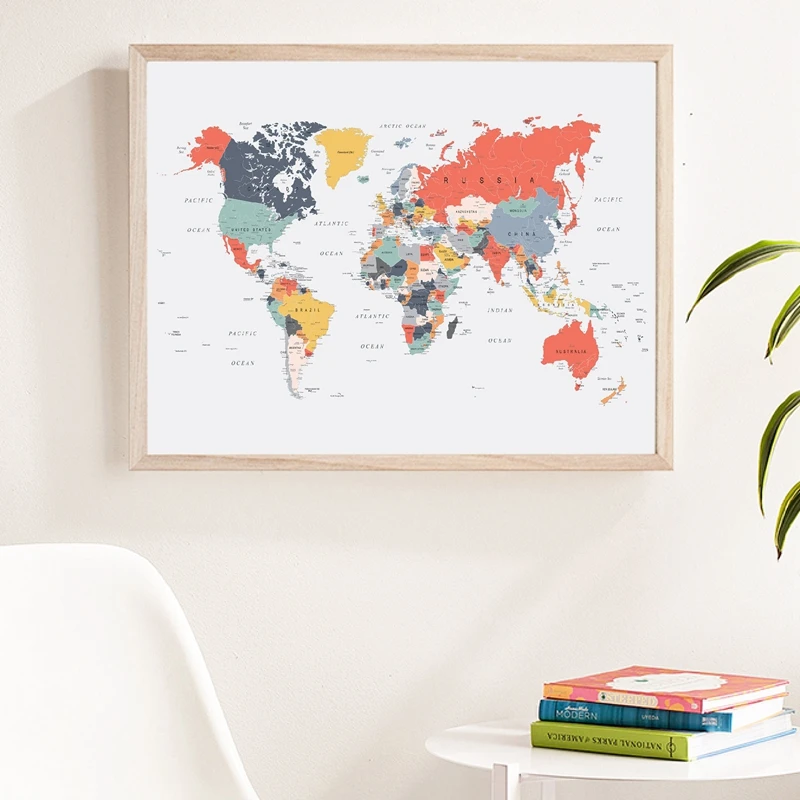 World Map Poster Print Happy Colors Wall Art Canvas Painting Coral Blue Yellow Teal Pink Wall Picture For Living Room Home Decor Painting Calligraphy Aliexpress