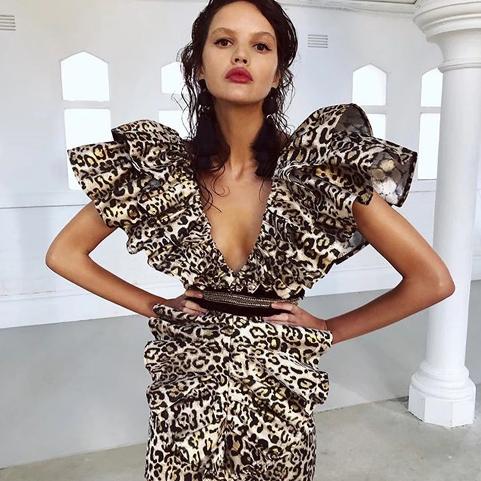 Adyce новое летнее леопардовое облегающее Клубное платье с рукавом-бабочкой, женское сексуальное вечернее платье с v-образным вырезом, вечерние платья для подиума - Цвет: Khaki