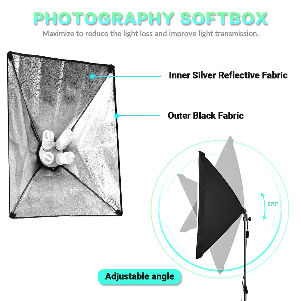 50x70CM Softbox Lighting Kit Photography Continuous Light Soft Box E27 4Lamp Holder 2m Light Stand Tripod For Photo Studio Vedio