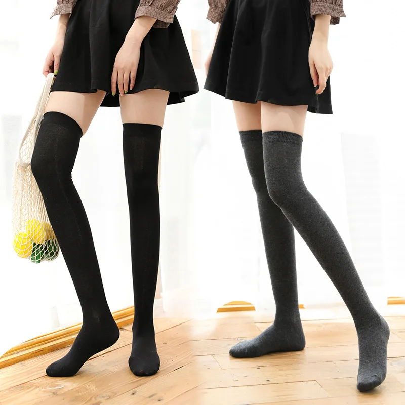 Winter Japanese knee socks long tube thigh socks cotton high tube black ...