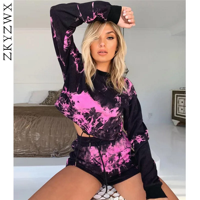 

ZKYZWX Tie Dye Print Two Piece Set Women Top and Biker Shorts Matching Sets Sexy Casual Tracksuit 2 Piece Outfits Sweat Suits
