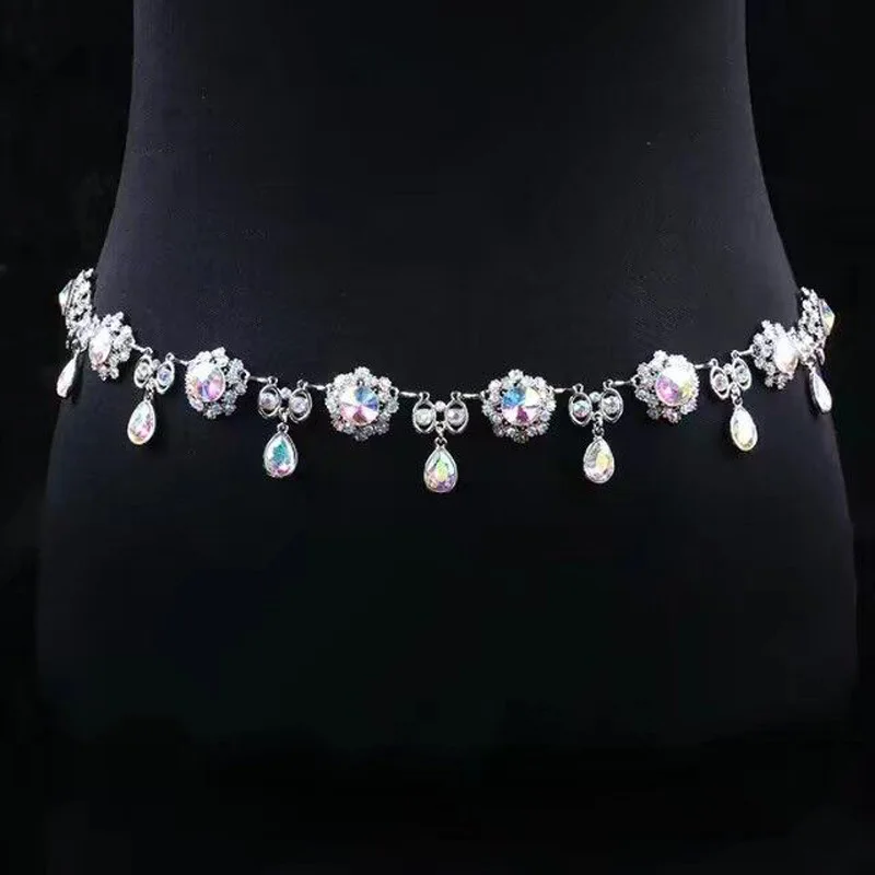 Waist chain Блестящая серебряная трикотажная Женская команда, комплект из 2 предметов, комплект для танца живота, сексуальная танцевальная одежда для выступлений, одежда для шоу, красная одежда - Цвет: Waist chain