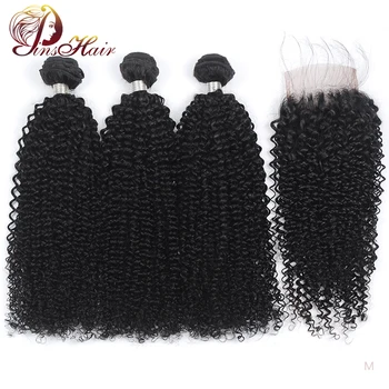 

Pinshair Kinky Curly Bundles with Closure Malaysian Remy Human Hair 3 Bundles with Closure PrePlucked 4*4 Lace Closure Free Part