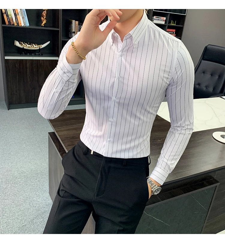 Camisa De Hombre Elegante полосатая белая рубашка с длинными рукавами Мужская офисная рубашка рубашки соцовый бизнес мужские рабочие рубашки черное качество