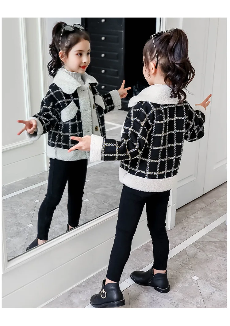 winter England little CC style Artificial lamb fur classic grid warm sweet turn-down collar jacket outwear for teenage girls