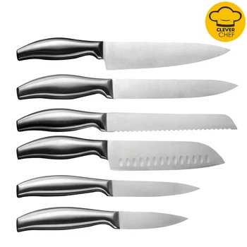 

6pcs/Set Stainless Steel Kitchen Chef Knife Set Bend Comfortable Handle Chef Slicing Bread Santoku Utility Paring Knife Gadget