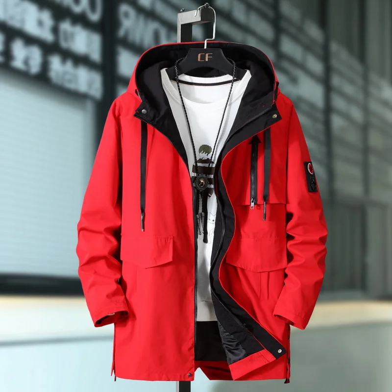 6XL 8XL 10XL модная куртка для мужчин Тренч длинное пальто на молнии ветрозащитное лицо тонкая мужская ветровка осенние ветровки - Цвет: Red
