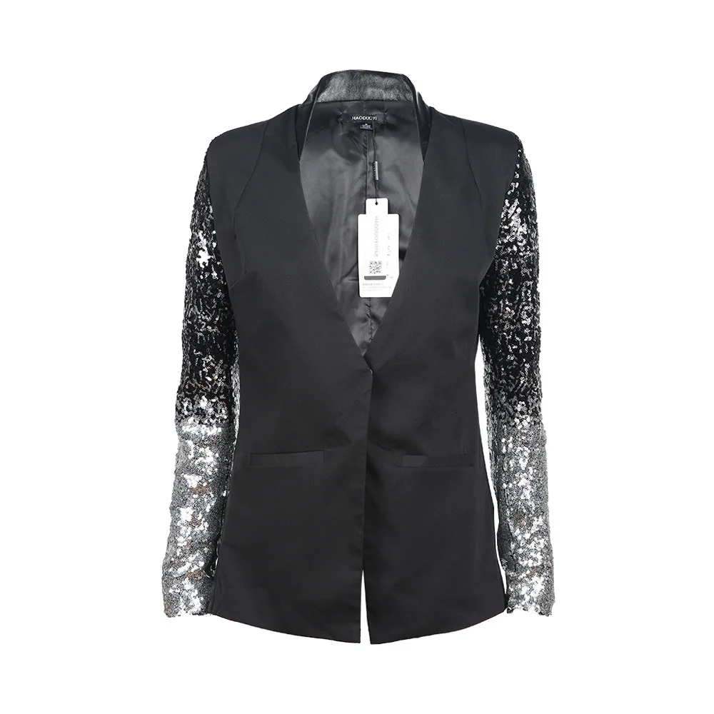 fashion embroidery Sequins biker jacket ladies blazer designs women Fashion Office Women Slim Black pu leather blazer jacket - Цвет: Черный