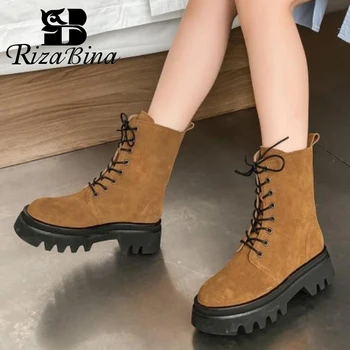 

RIZABINA 2021 New Ankle Boots Women Round Toe Thick Heel Boots Fashion Shoes High Quality Cool Shoes Footwear Size 35-41
