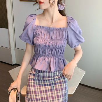 

COIGARSAM Short Sleeve blouse women New Summer Chiffon Square Collar High Waist blusas womens tops and blouses Pink Purple 1096