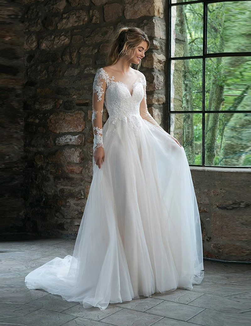 

2020 Vintage Women Wedding Dresses Long A-line vestidos de novia White Tulle Lace robes de mariée Long Sleeves vestidos de noiva