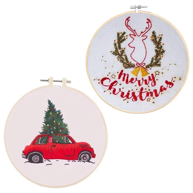 

2 Sets Christmas Embroidery Cross Stitch Starter Kit with 2Pcs Christmas Pattern Embroidery Cloth Bamboo Embroidery Hoop