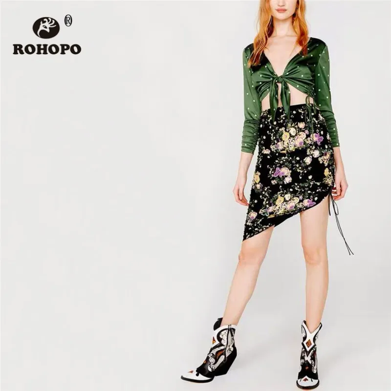 

ROHOPO Long Sleeve Draped Cuff Polk Dot Green Blouse V Collar Tie Hem Adjustable Length Silky Tops Blusa #6087