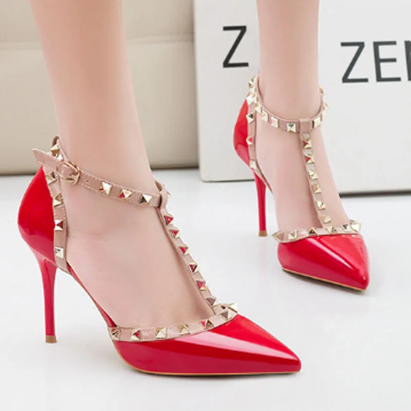 

New feminine sexy thin heel high heel shallow mouth pointed head rivet hollowed-out word high heel sandals female high heels