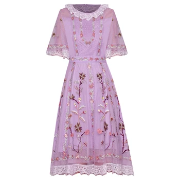 

HIGH QUALITY Newest Fashion 2020 Designer Runway Dress Women's O-Neck Flare Sleeve Lace Gauze Embroidery Dress